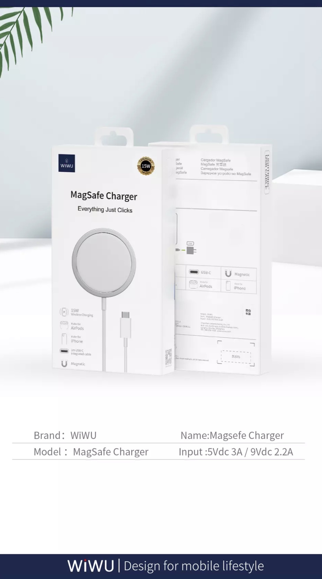 Sạc Không Dây Wiwu Magnetic Wireless M5 Dành Cho Điện Thoại Thông Minh Từ Tính Mạnh, Cảm Biến Nhanh 0,1 Giây - Hàng Chính Hãng