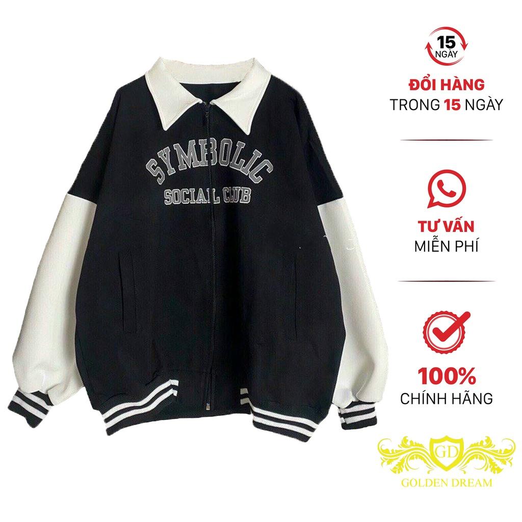 Aó Khoác Nhung Tăm Nữ Cổ Bẻ Thêu Chữ SYMBOLIC Phối Tay Trắng Cá Tính Dễ Thương GOLDEN DREAM