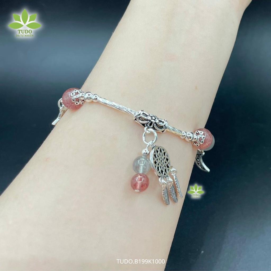 Vòng Tay Nữ Đẹp - Vòng Phong Thủy Đa Mệnh TUDO B199K1000 VCBTADH VCBMOON hồng trắng, Charm bạc Dreamcatcher, Sen, Trăng