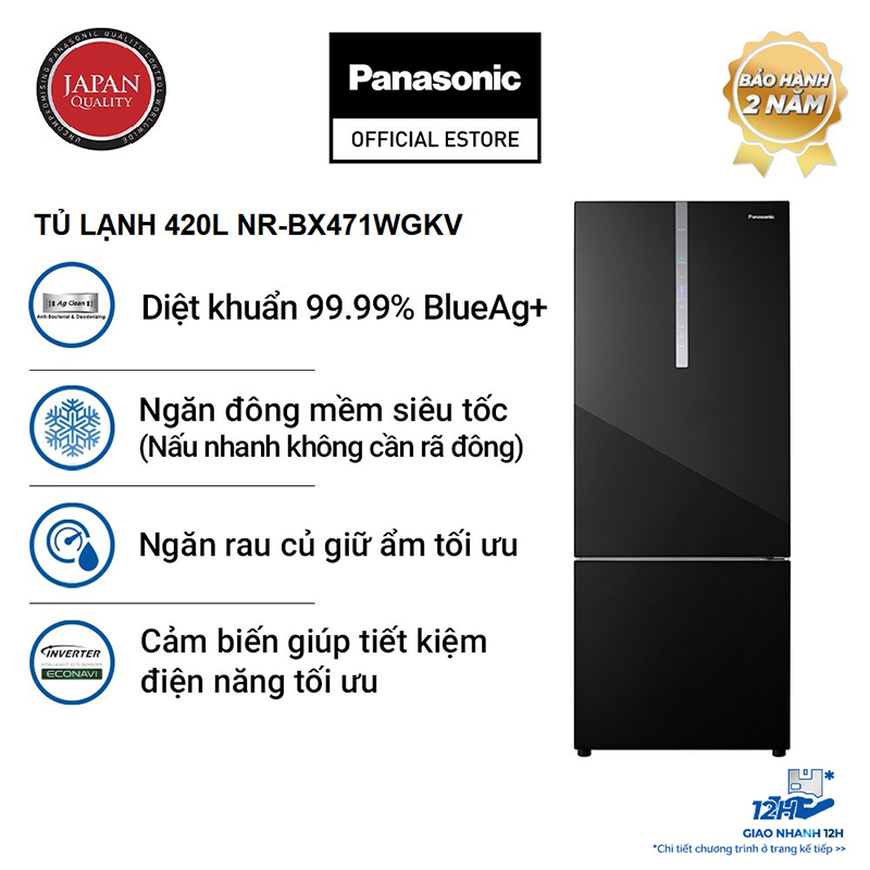 Tủ Lạnh 2 Cánh Panasonic 420 lít NR-BX471WGKV ngăn đá dưới - Ngăn đông mềm siêu tốc - Hàng chính hãng