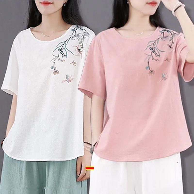 Áo trung niên nữ cộc tay in hoa, Áo đủ size chất vải mát mịn Đũi Việt A18