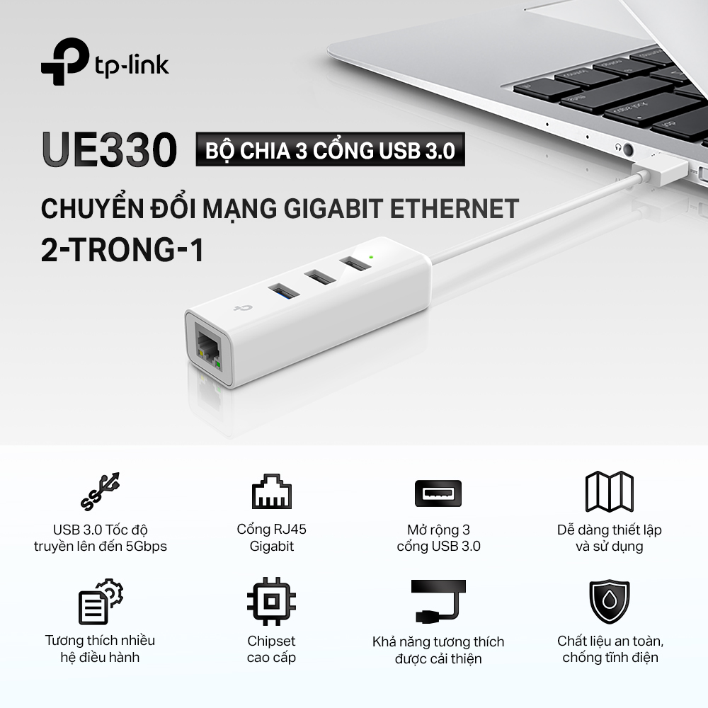 Bộ Chuyển Đổi Mạng USB 3.0 Sang Ethernet Gigabit kèm 3 cổng USB 3.0 TP-Link UE330 - Hàng Chính Hãng