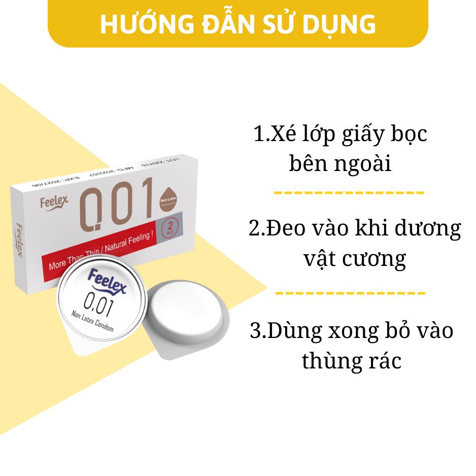 Bao cao su nam Non-Latex Feelex 001, siêu mỏng chuẩn 0.01mm, cao su nhân tạo không mùi, an toàn tuyệt đối, hộp 2 chiếc