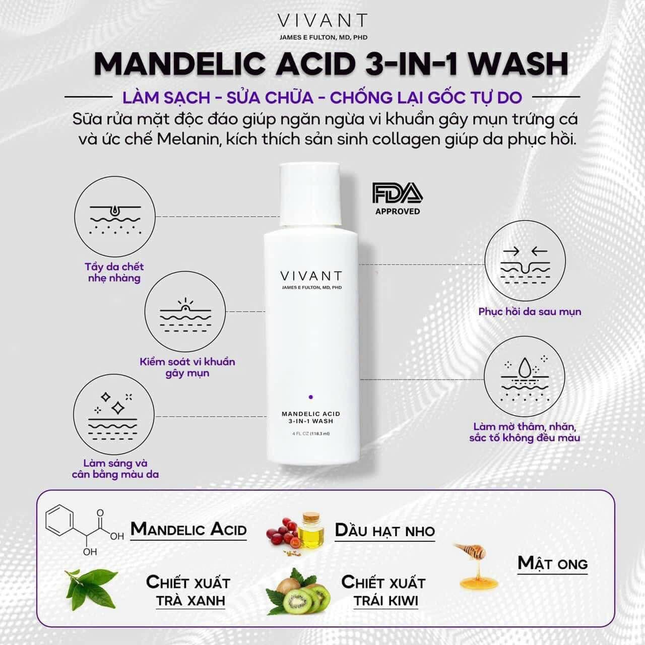 Sữa Rửa Mặt Tẩy Tế Bào Chết Vivant Skincare Mandelic Acid 3 In 1 Wash