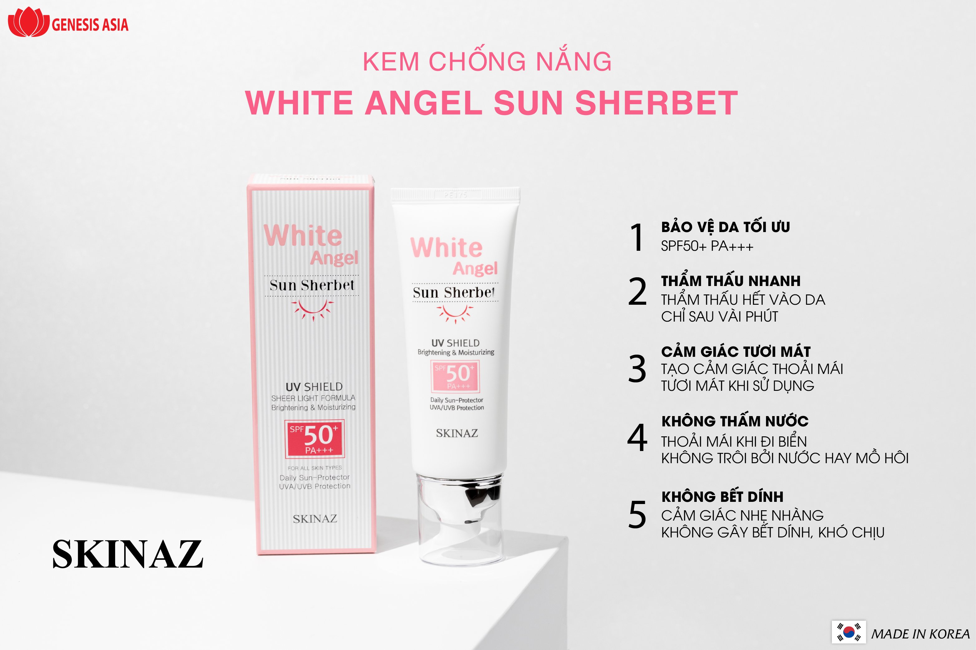 Kem Chống Nắng White Angel Sun Sherbet Skinaz - SPF 50 +, PA +++ Không gây bít tắc lỗ chân lông, tạo cảm giác thoải mái