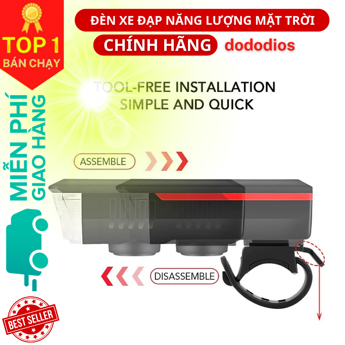 Đèn LED Xe Đạp Năng Lượng Mặt Trời Kèm Còi, Đèn Xe đạp Sạc bằng Năng Lượng Mặt Trời - USB Đèn Xe Đạp có Chuông Còi, Đèn Pin Xe Đạp chống nước có 3 chế độ sáng, sạc lại qua cổng USB, Chuông còi kêu to Phù Hợp Với Xe Đạp Leo Núi - Hàng Chính Hãng dododios