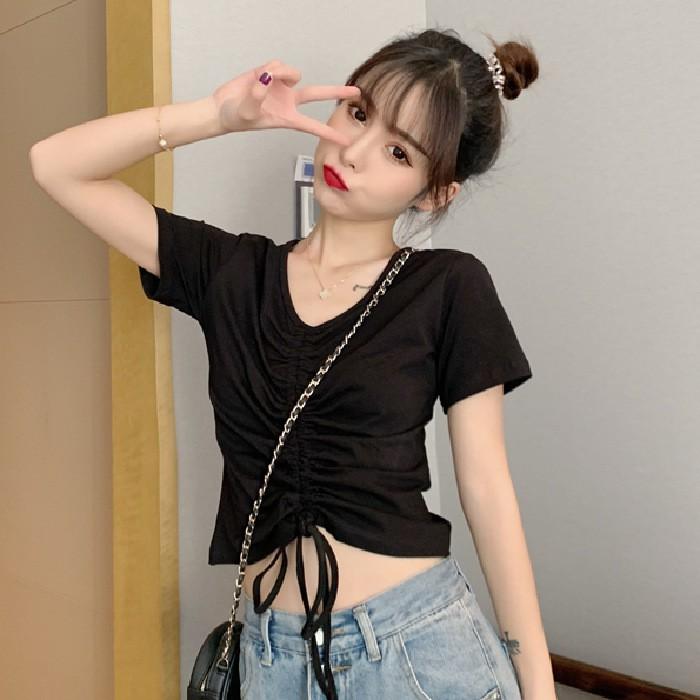 Áo thun nữ tay ngắn rút ngực cotton dày dặn, áo ulzzang nữ ngắn tay rút dây phong cách Hàn Quốc C61 - Maoshop