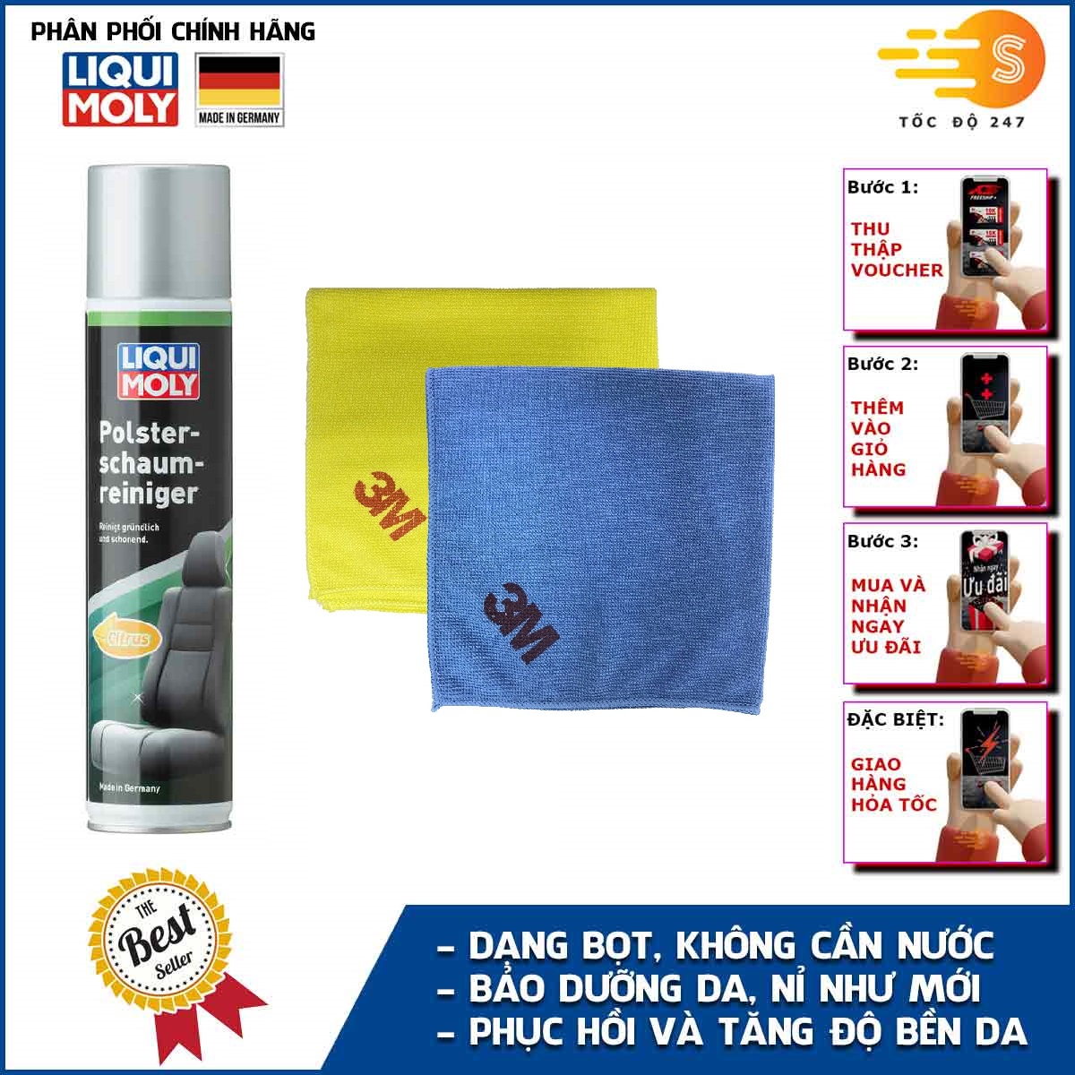 Chai Xịt Bọt Vệ Sinh Ghế Da, Nỉ Hương Chanh Liqui Moly 1539 - Tặng Kèm 1 Khăn Lau Chuyên Dụng 3M