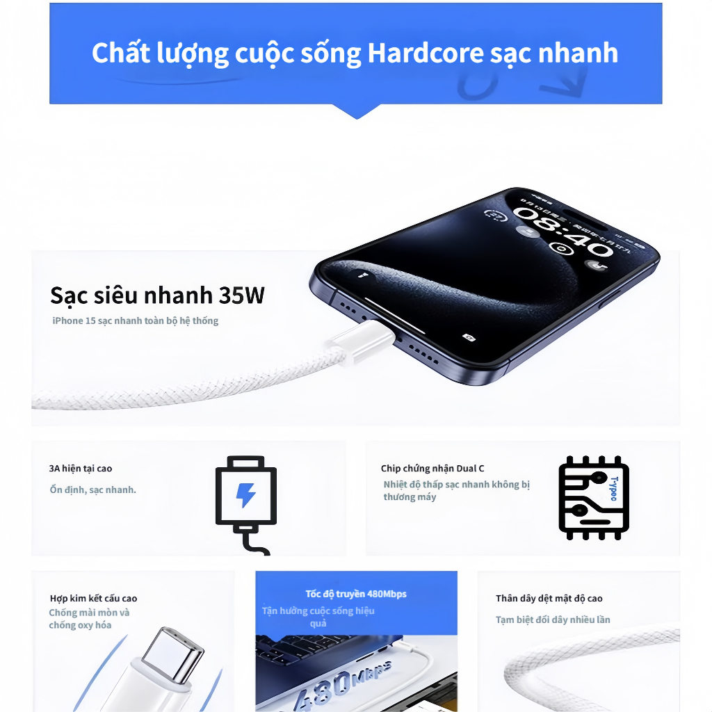 Bộ dây và củ sạc nhanh 35w type C dùng cho IP 17, 16, 15, Galaxy Note10 Plus, S20 Ultra và các dòng điện thoại dùng chung cổng Type C - Hàng nhập khẩu