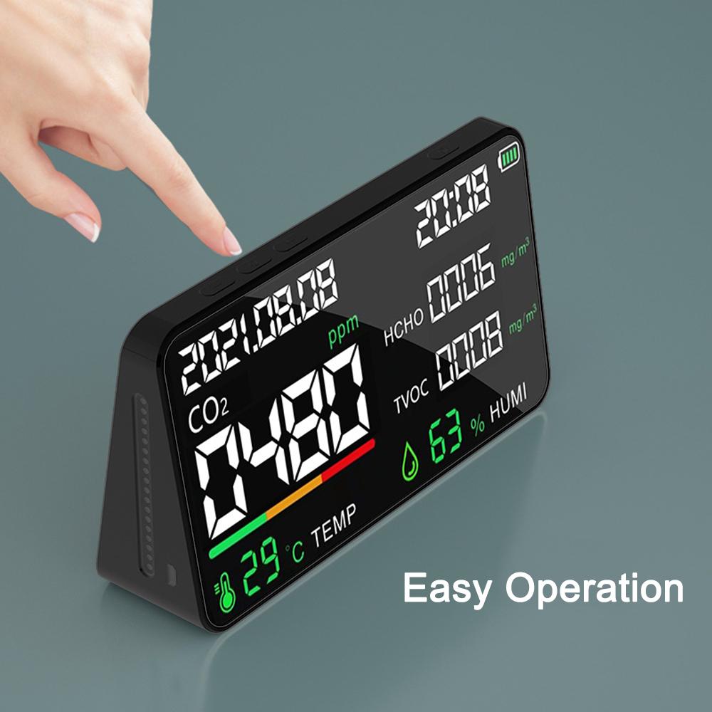 5 in 1 Air Quality Monitor LED Digital CO2 HCHO TVOC Temperature Humidity Tester USB Rechargeable Indoor Carbon Dioxide Meter for Room Office Greenhouse Warehouse