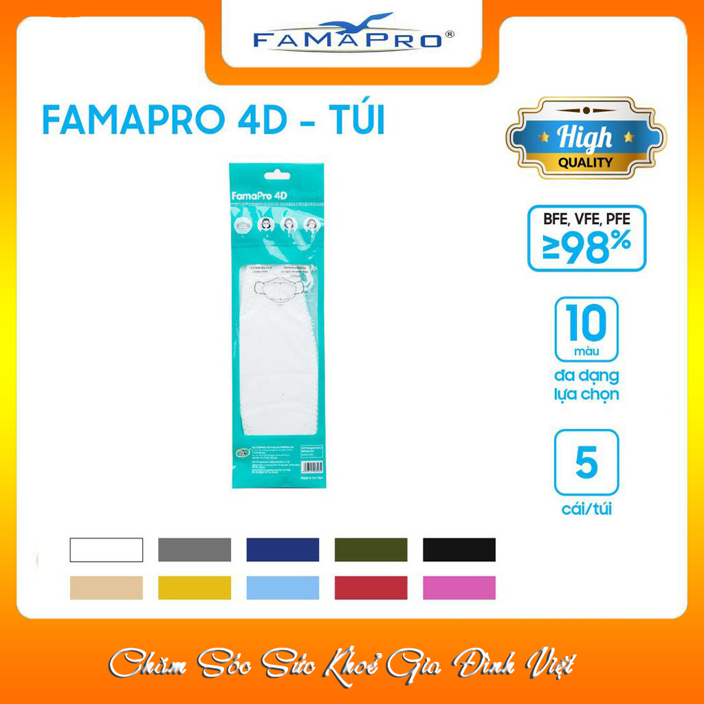 [Chính Hãng] Khẩu trang y tế kháng khuẩn cao cấp Famapro 4D màu trắng (5 cái/ túi) - Kháng virus, lọc bụi 98% [5 Cái]