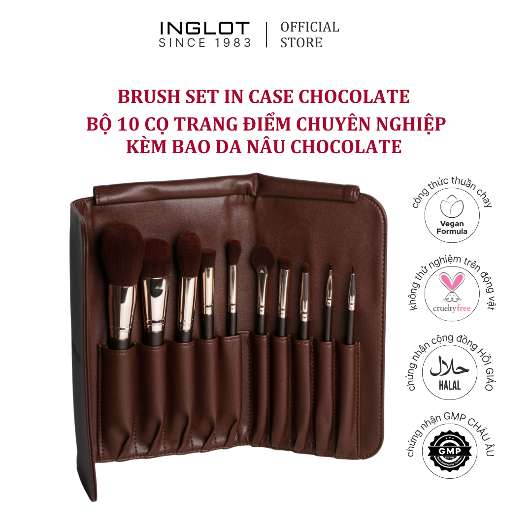 Bộ 10 Cọ trang điểm chuyên nghiệp kèm bao da - nâu Chocolate Set in A case INGLOT