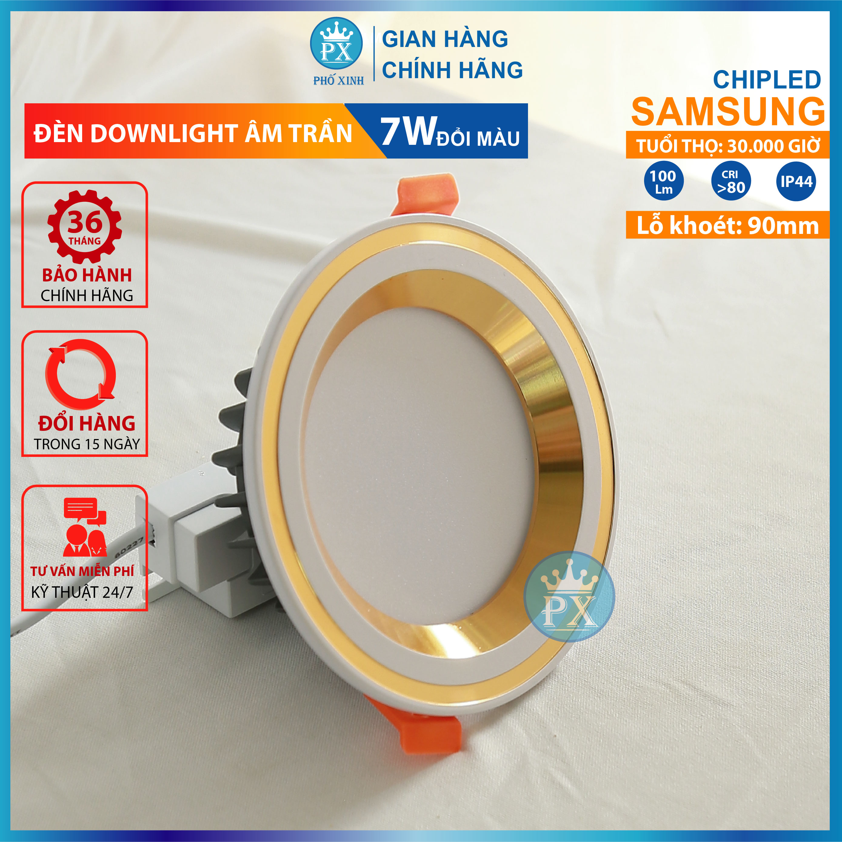 Đèn âm trần 3 chế độ sáng 7w, đèn lon cao cấp sang trọng, lỗ khoét 90mm