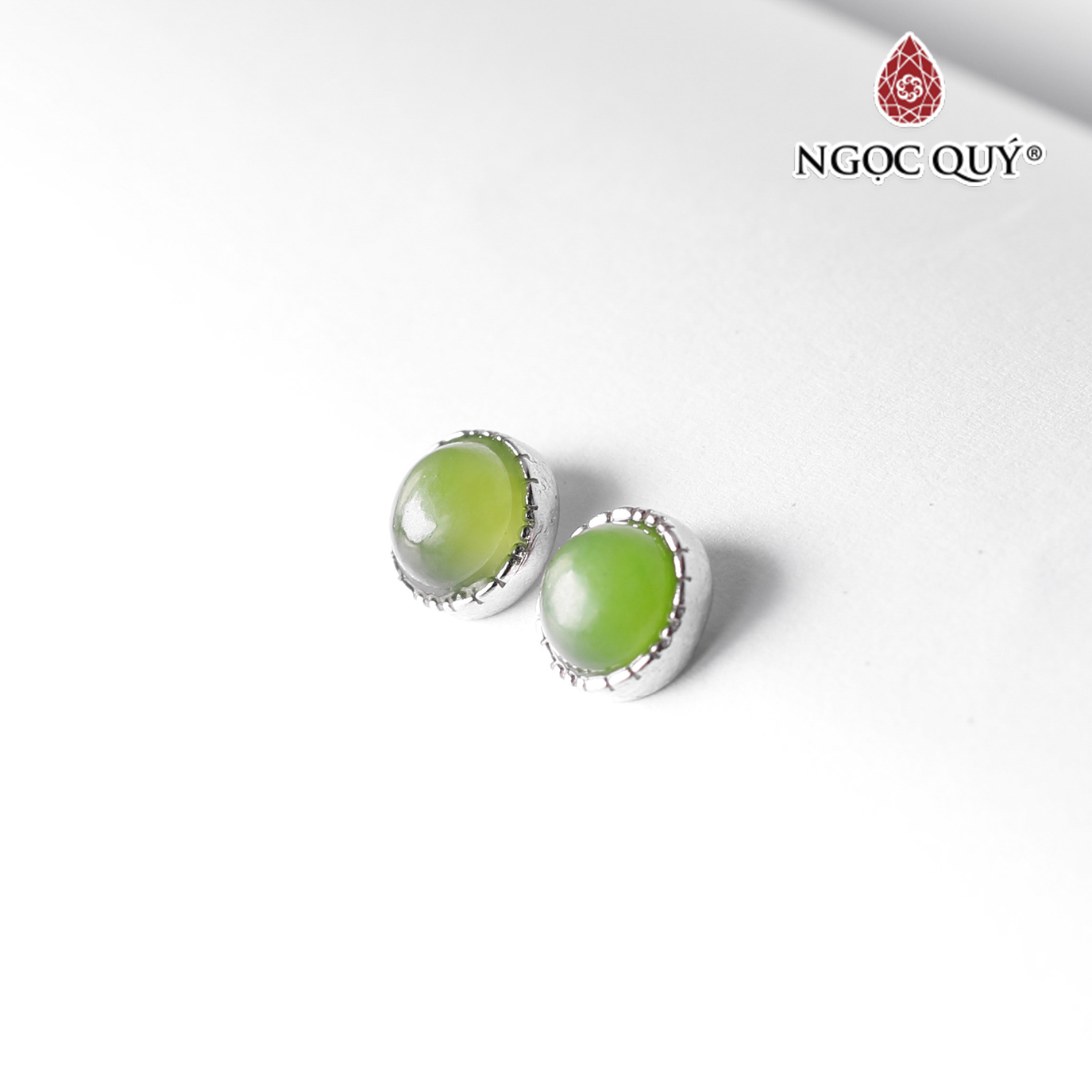 Bông tai bạc đính đá ngọc bích 6mm mệnh hỏa, mộc - Ngọc Quý Gemstones