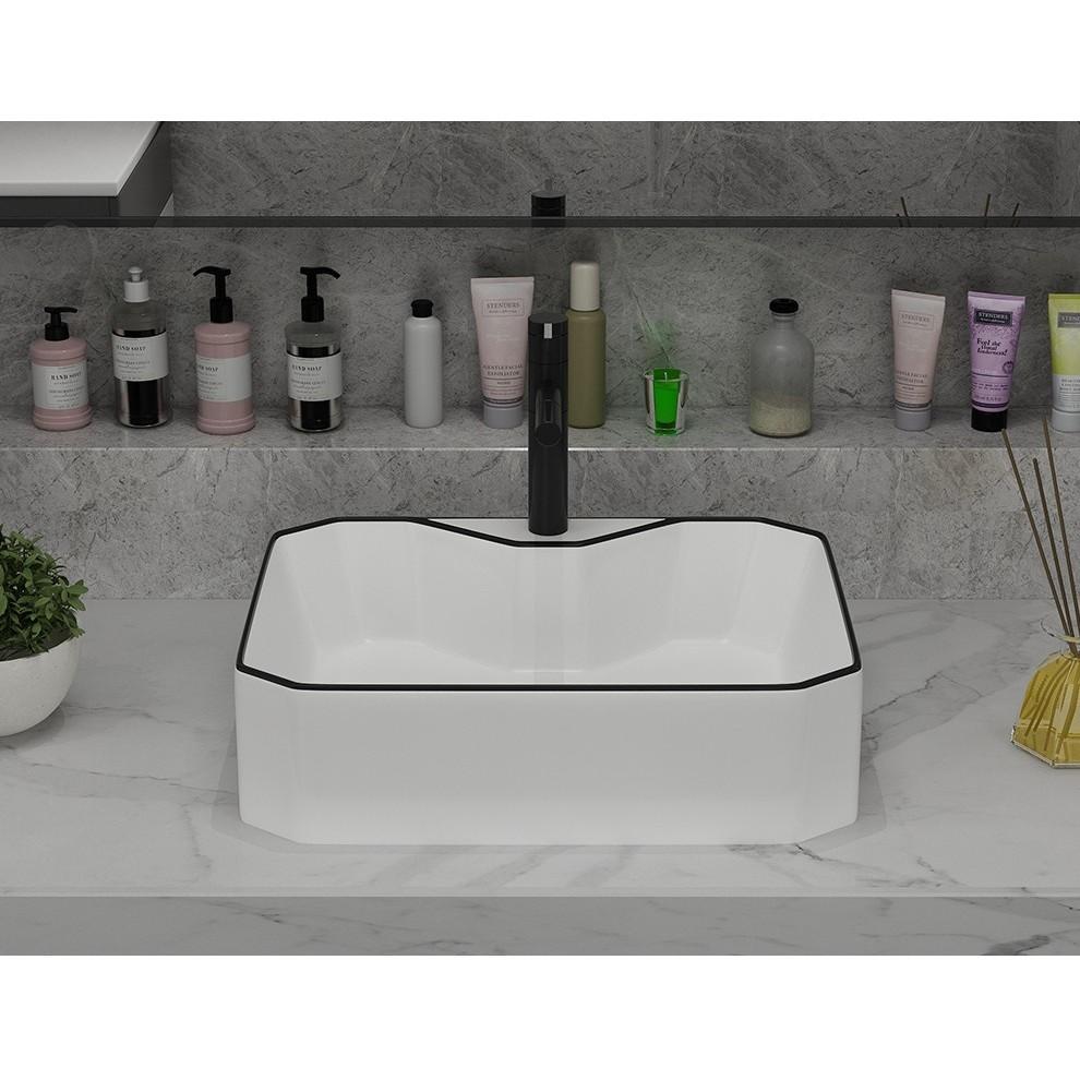 Chậu sứ lavabo để bàn màu trắng viền đen nghệ thuật loại có lỗ vòi gắn trên, mã M22DT