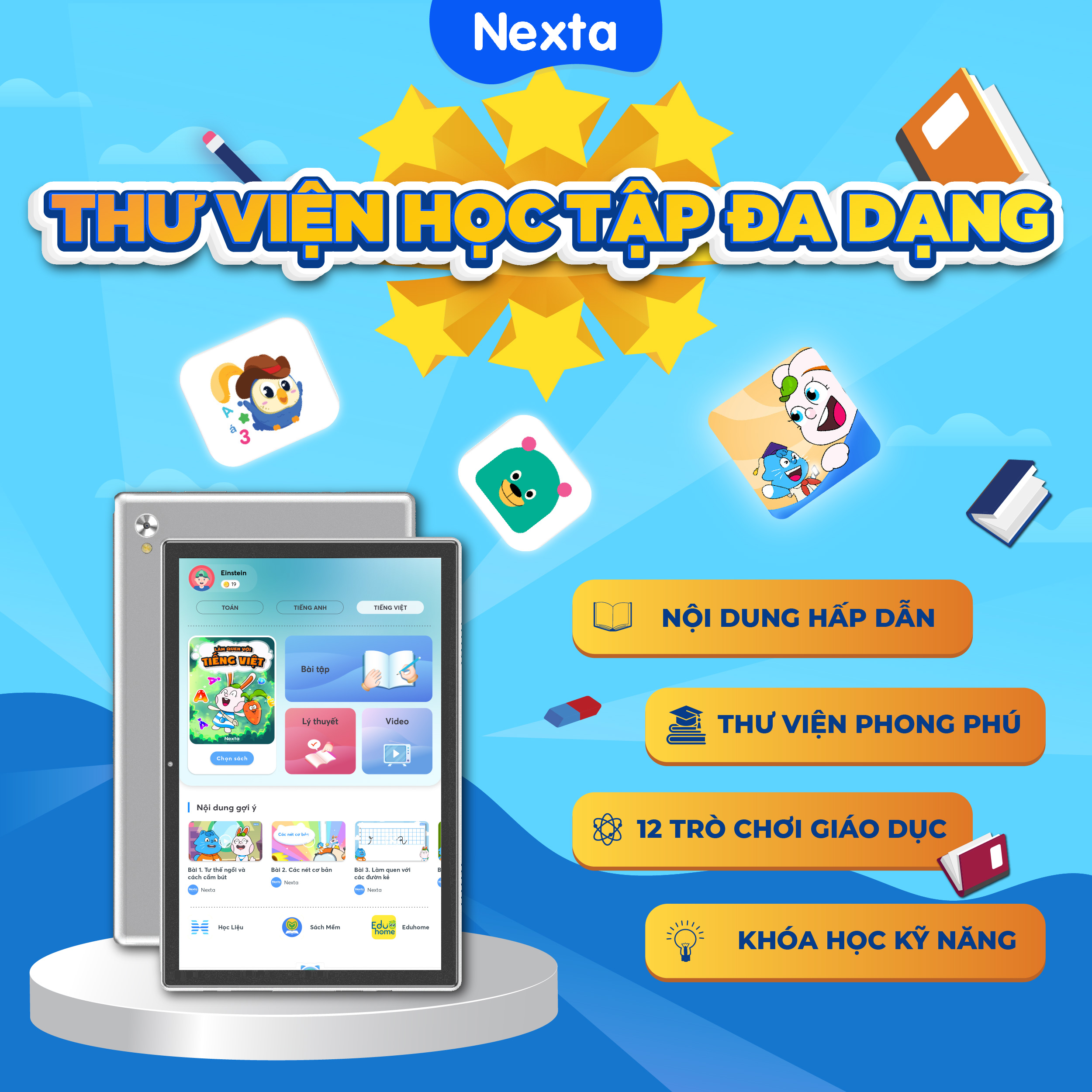 Máy tính bảng học tập giá rẻ Nexta Edutab Kid cho bé từ 5-8 tuổi, màn hình full HD 64GB, bao da, kính dán cường lực, hàng chính hãng