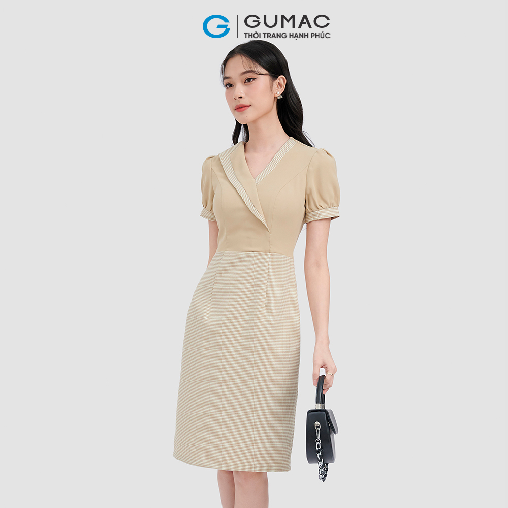 Đầm caro cổ phối viền thời trang GUMAC DC11060
