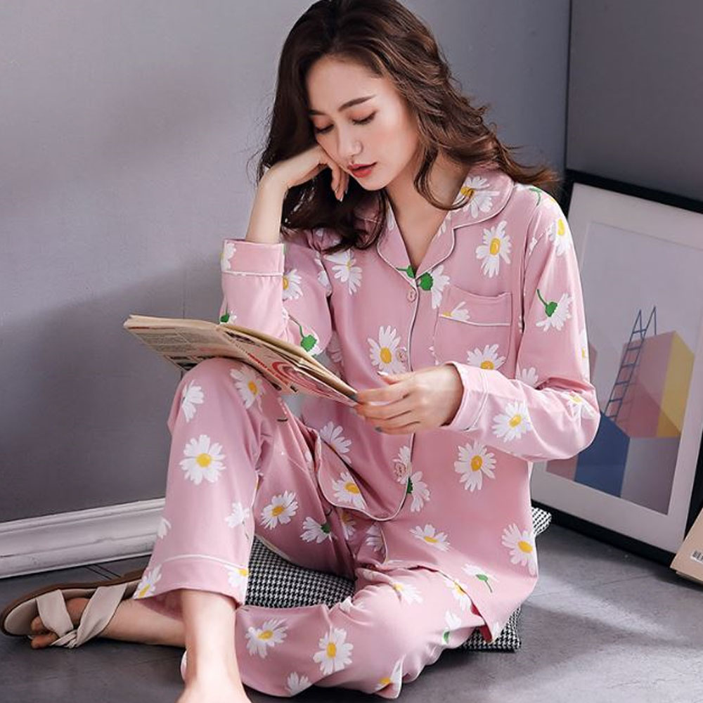 Bộ Đồ Pyjama Bầu Và Sau Sinh Dài Tay Az9446 Chất Liệu 100%Cotton Họa Tiết Hoa Cúc Dễ Thương Có Thiết Kế Cho Bé Ti