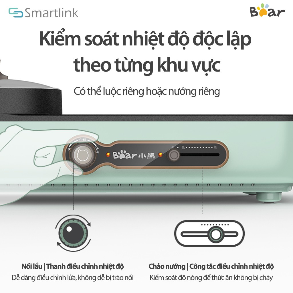 Bếp lẩu nướng điện 2 ngăn Bear DKL-C15G1 - Dung tích 3L, chống dính, dễ vệ sinh, thanh gạt điều chỉnh nhiệt độ - HÀNG CHÍNH HÃNG