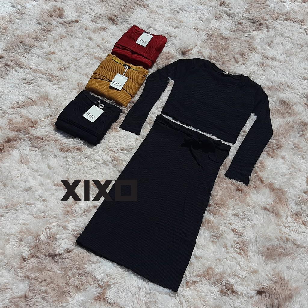 ÁO CROPTOP DÀI TAY CHÂN VÁY BÚT CHÌ PHỐI NƠ SET0001