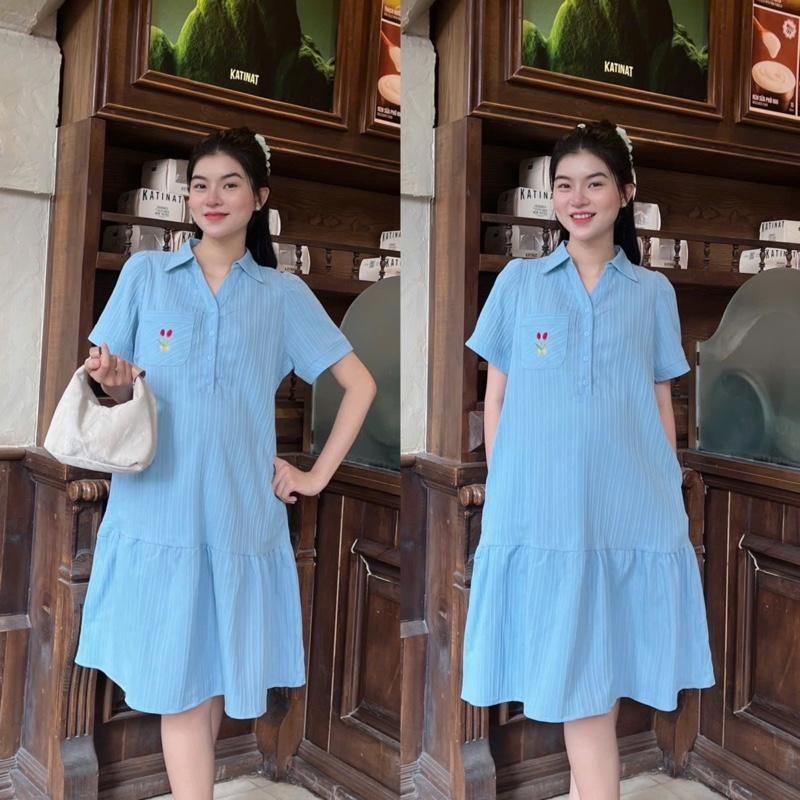 Đầm Bầu Công Sở Cổ Sơ Mi Phối Túi Thêu Phom Đuôi Cá Dễ Thương - Xanh sọc