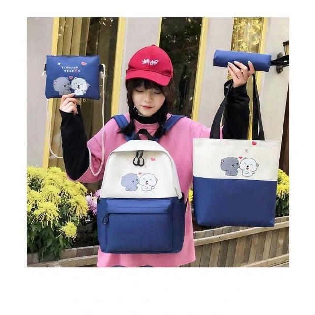 Balo thời trang, balo đi học, đựng laptop Balo Set 4 Món 2 Chú Cún Cute balo nữ vải