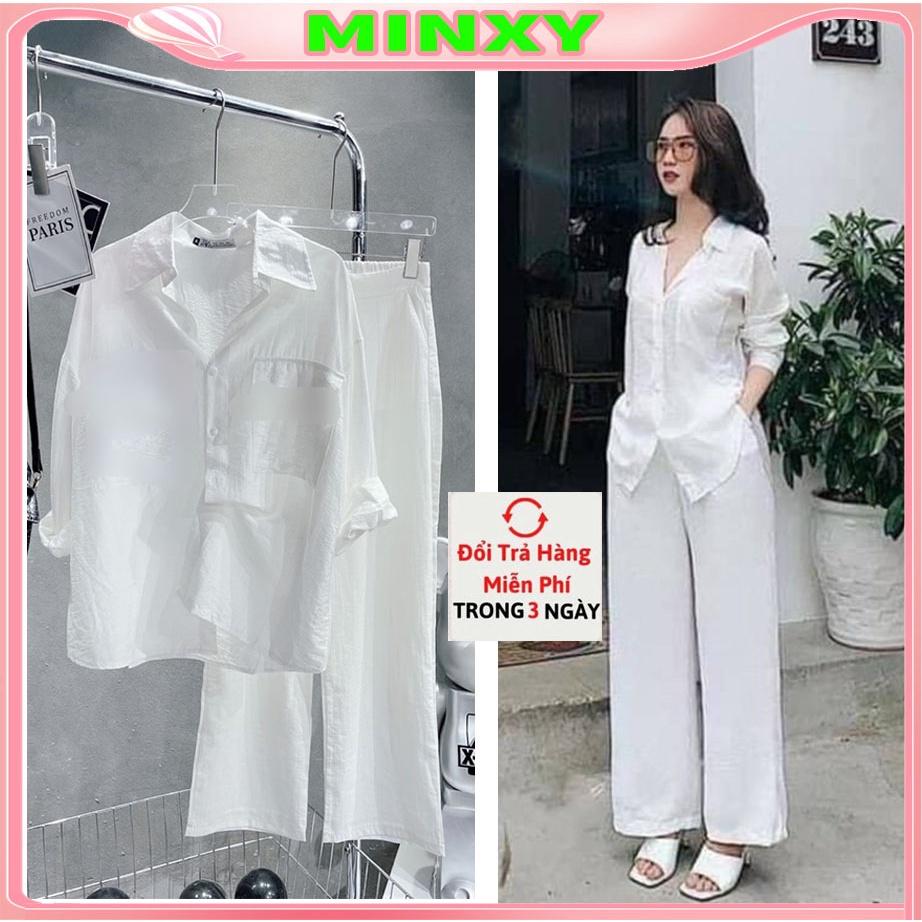 Set áo sơ mi quần ống rộng bộ đũi trắng MIX đồ đi chơi cực sang chất vải đũi mặc vừa nhẹ vừa mát-HASCOO DD