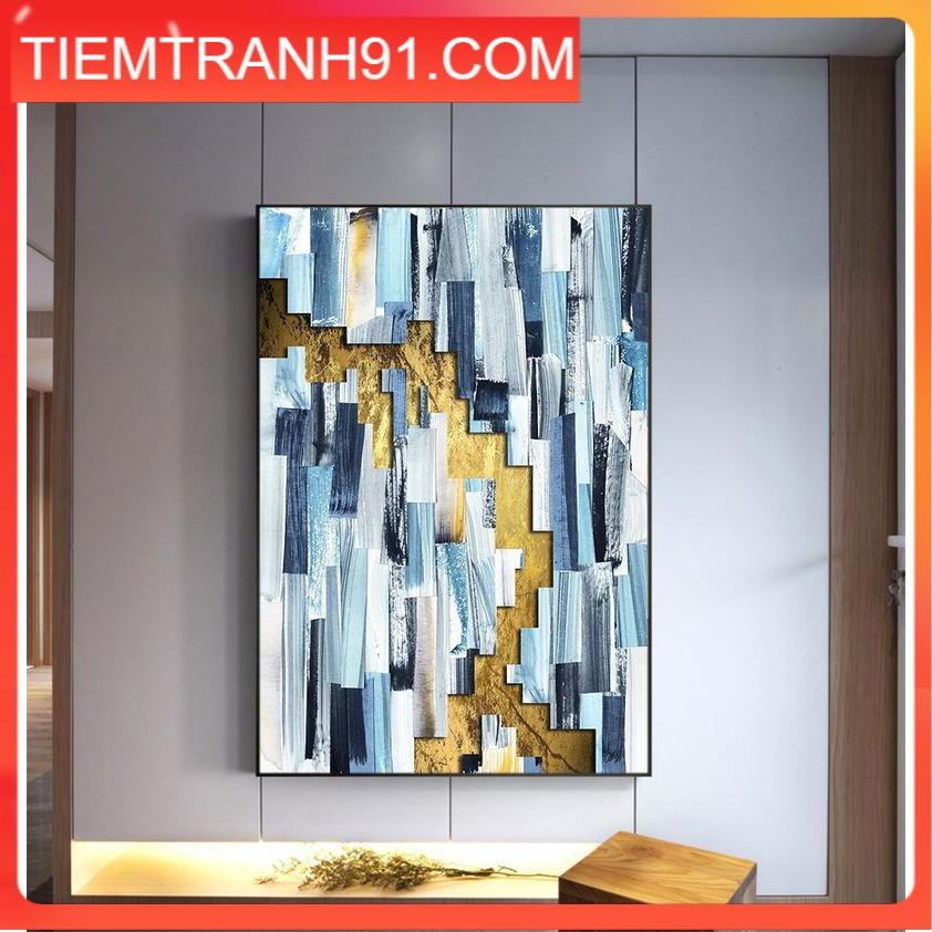 Tranh treo tường Tranh trừu tượng Abstract art, Stocks art, blue brushes, gray, white, gold foil, drawing texture