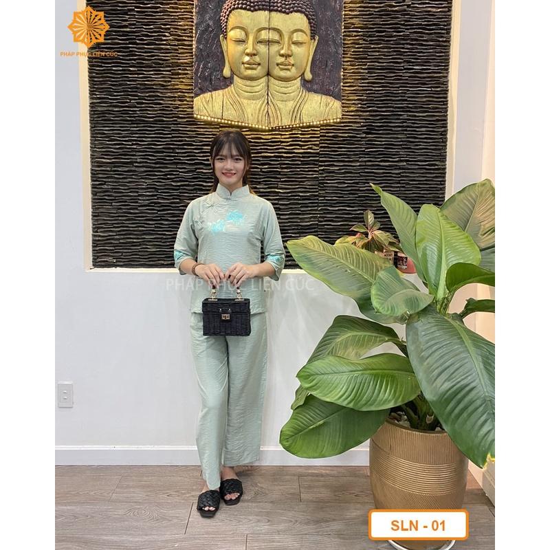 Đồ lam đi chùa nữ - Pháp phục mẫu xẫm xéo linen cao cấp, bền màu không nhăn xưởng may Liên Cúc