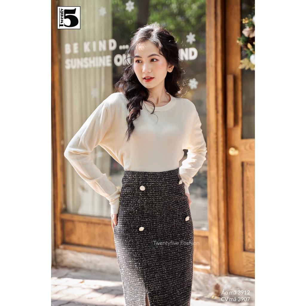 Chân váy dạ Tweed dáng dài, xẻ lệch, Twentyfive 3907