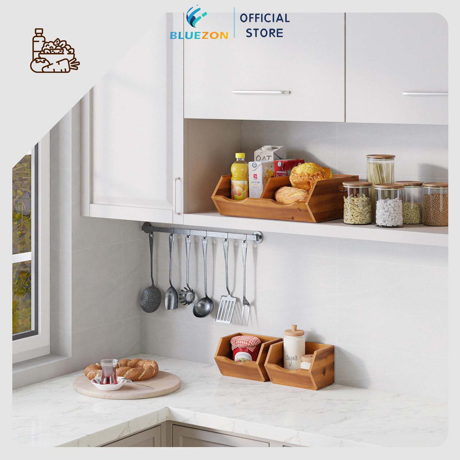 Kệ gỗ trái cây, gia vị BLUEZON 3 ngăn tách rời, trang trí trưng bày cửa hàng, nhà bếp