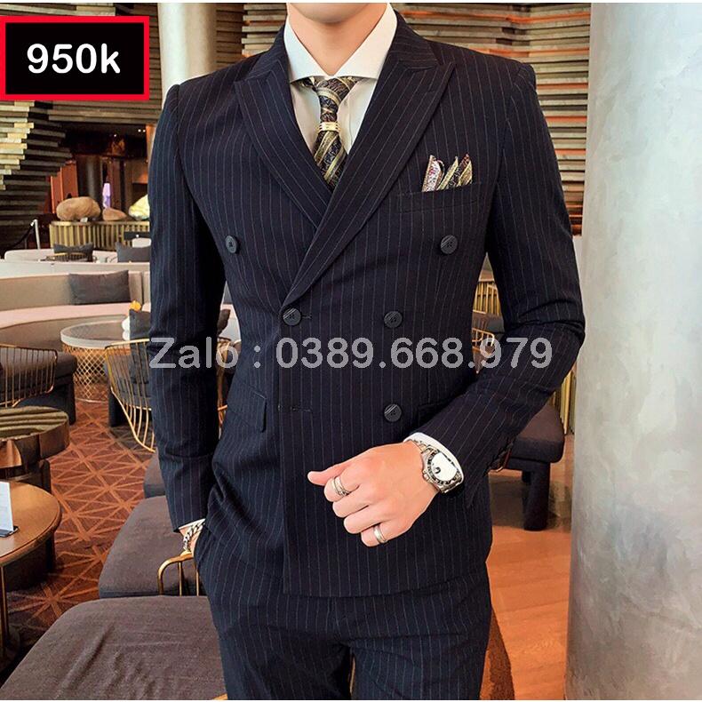 Bộ Vest Nam Cao Cấp 6 Cúc kẻ sọc màu đen