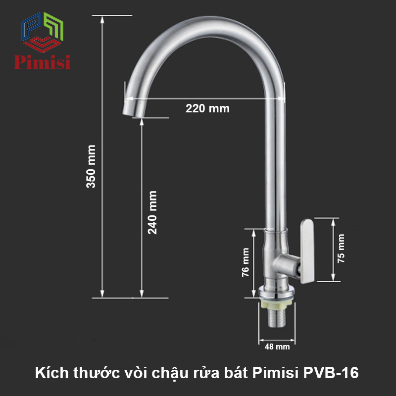 Vòi Rửa Bát Inox 304 Pimisi PVB-16+DC Đơn 1 Đường Nước Lạnh Gắn Chậu Rửa Chén Âm - Dương Bàn Đá Nhà Bếp | Chính Hãng