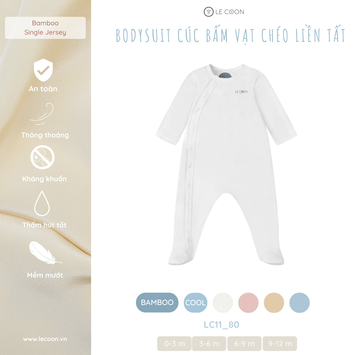 LE COON | Bodysuit Dài Cúc Bấm Vạt Chéo Liền Tất | Vải COOL mỏng mát | 0-9 tháng