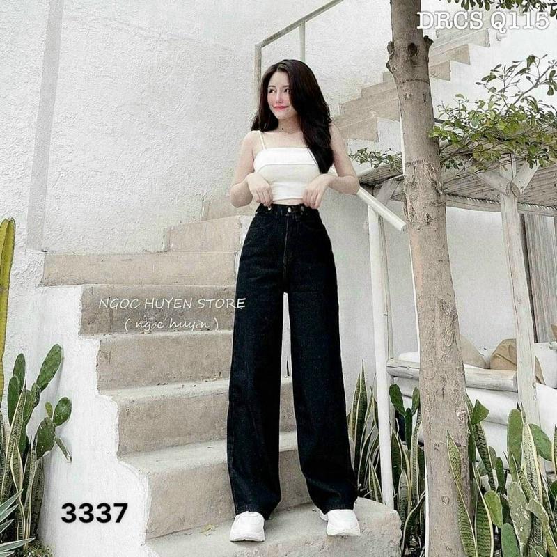 Quần Jeans Suông Đen Phối 3 Cúc Q040