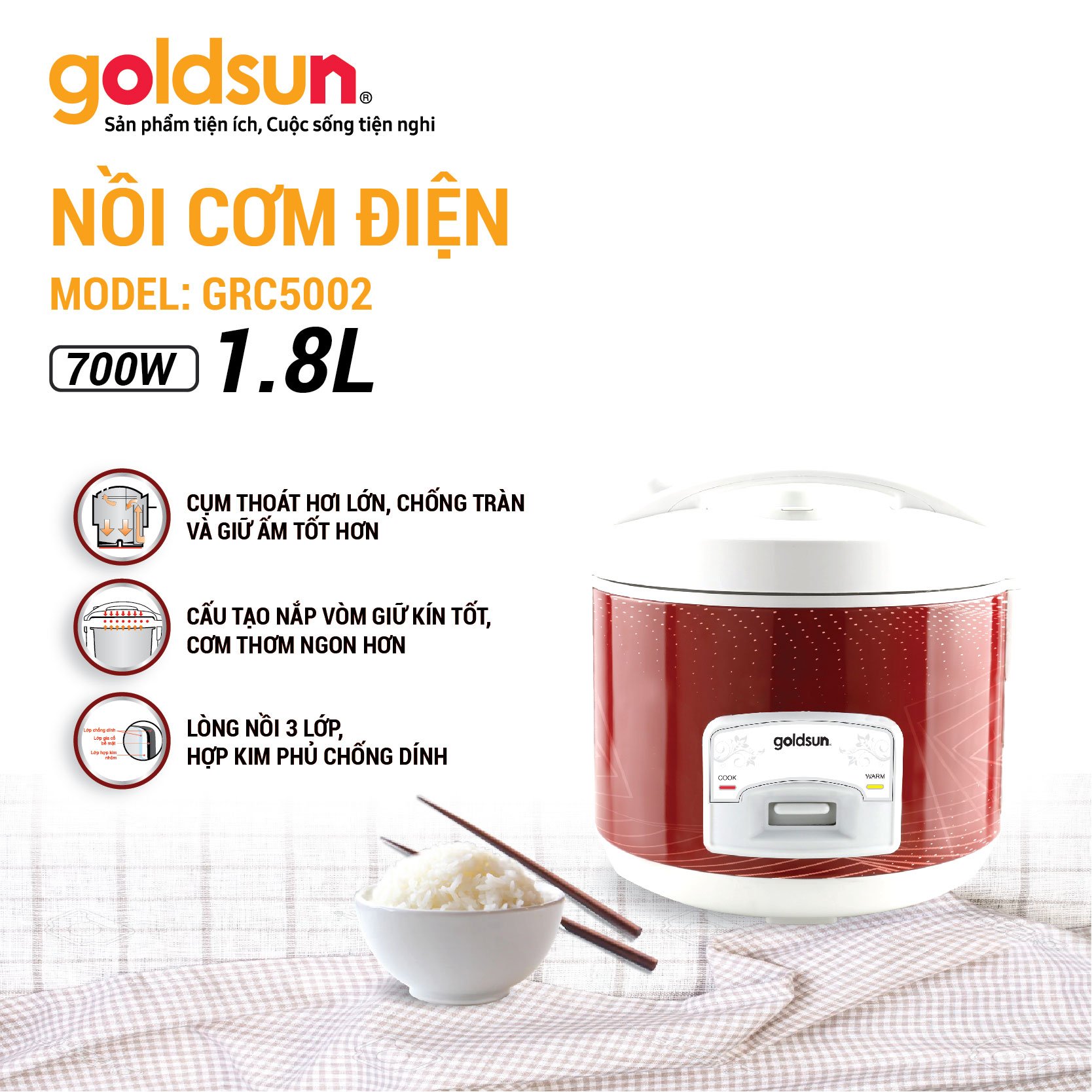 Nồi Cơm Điện Nắp Gài GOLDSUN CB3101, Phù Hợp Gia Đình 1-3 Người, Dung Tích 1L Công Suất 400W - Hàng Chính Hãng