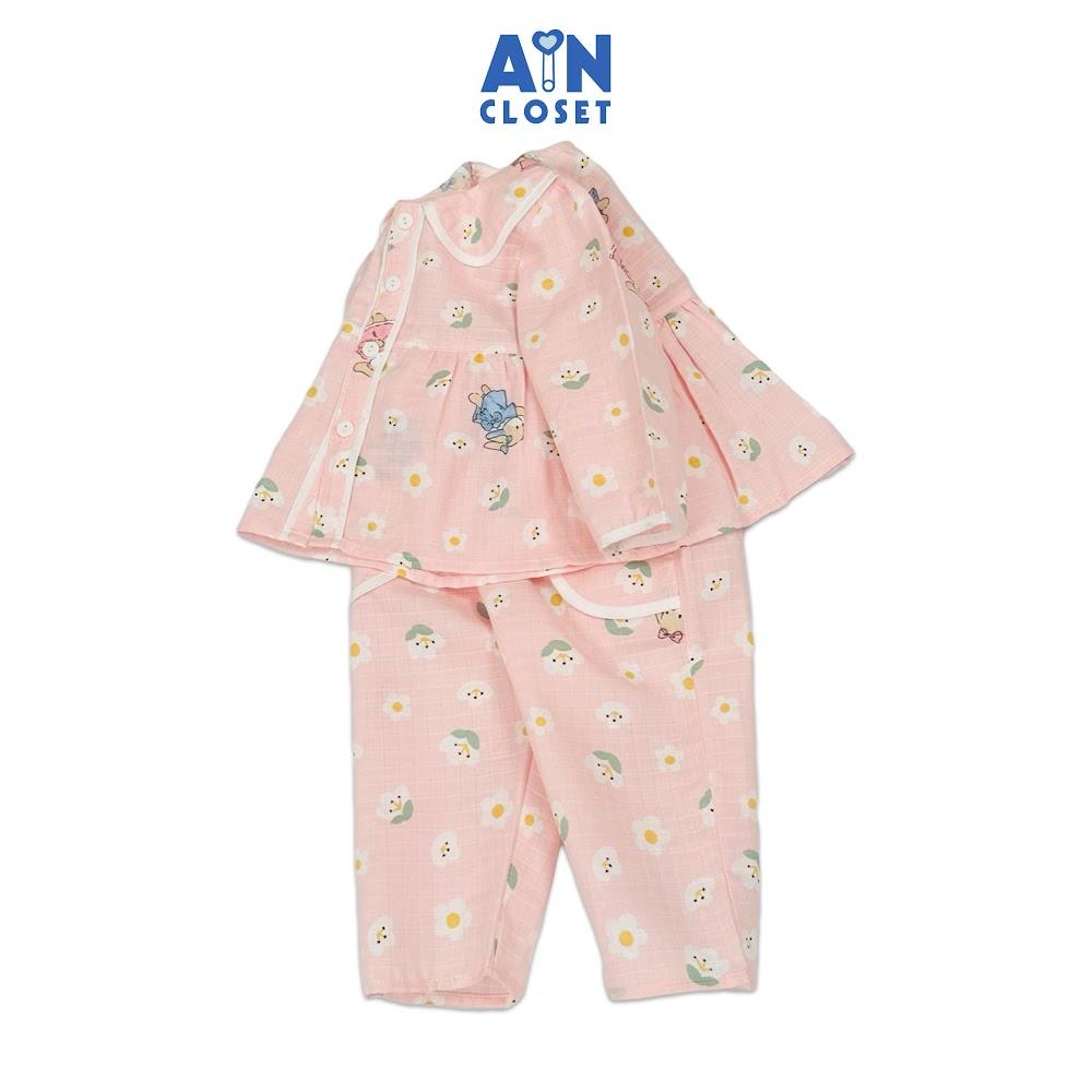 Bộ quần áo Dài bé gái hoạ tiết Thỏ Vàng Hoa Trắng nền hồng Xô sợi tre - AICDBGVZSMYW - AIN Closet