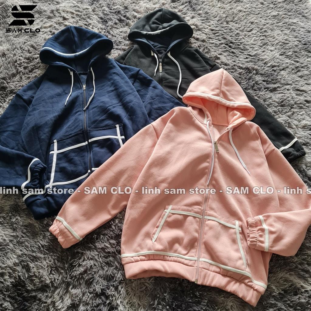 Áo khoác nỉ SAM CLO có mũ khóa kéo freesize nữ dáng unisex CÓ BO VIỀN TRẮNG