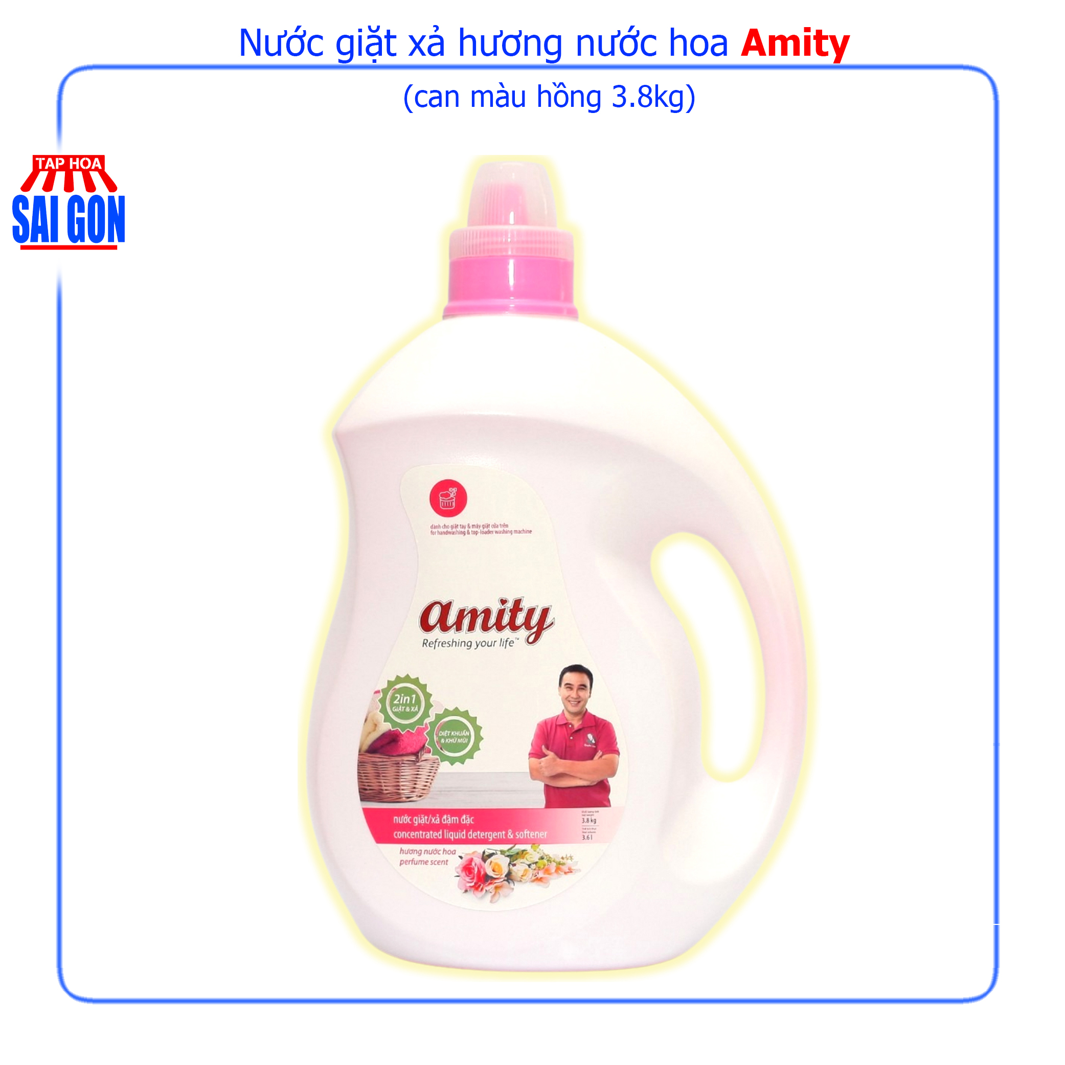 Nước Giặt Xả Amity hương nước hoa can 3.8kg kết hợp 2 tính năng vượt trội cho các nội trợ gia đình