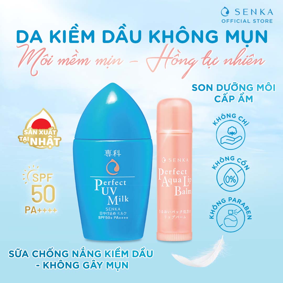 Combo Chống nắng kiềm dầu &amp; Son dưỡng môi Senka (Kem chống nắng UV milk 40ml + Lip Balm 4.5g)