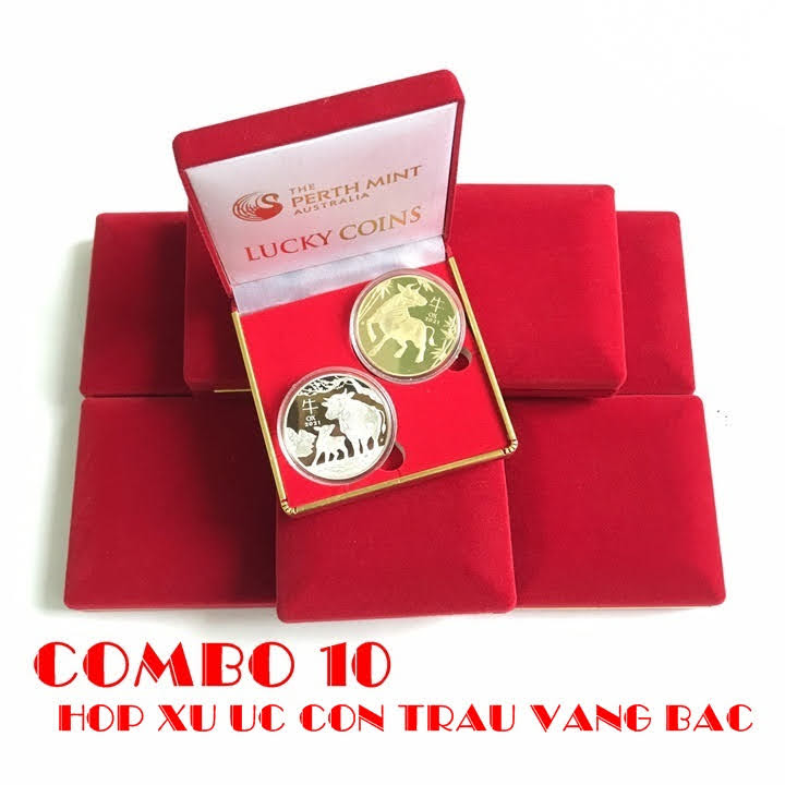 Combo 10 hộp nhung đựng xu con Trâu Úc màu vàng và bạc, vật phẩm phong thủy cầu may mắn, dùng trưng bày bàn sách, mang theo trong túi, làm quà tặng, tiền lì xì - TMT Collection - SP005121