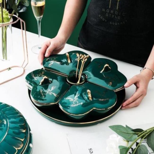 Khay đựng mứt sứ Hình Trái Tim RẺ VÔ ĐỊCH Khay 5 ngăn tháo rời màu xanh ngọc xoay 360 độ dễ vệ sinh vận chuyển