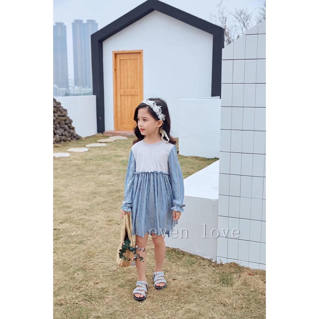 Váy babydoll xanh kim tuyến chất đẹp cho bé