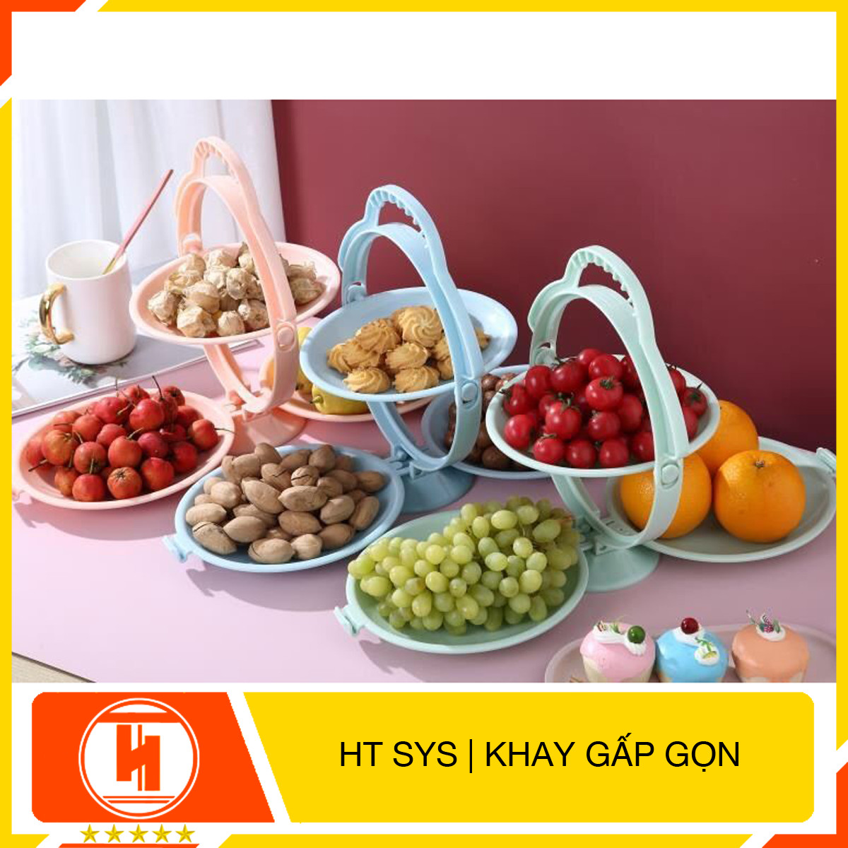 Khay đĩa mứt gấp gọn để bàn HT SYS - Tích hợp 3 đĩa đựng hoa quả, bánh kẹo, mứt tết - Chất liệu nhựa ABS cao cấp - Giao màu ngẫu nhiên