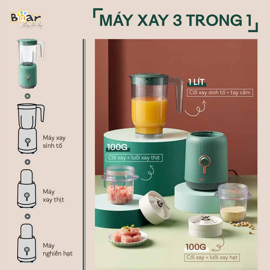 Máy Xay Sinh Tố Đa Năng 3 Cối BEAR Xay Thịt, Xay Đồ Khô, Xay Đồ Ăn Dặm Công Suất Lớn BL-B10V2- Hàng chính hãng