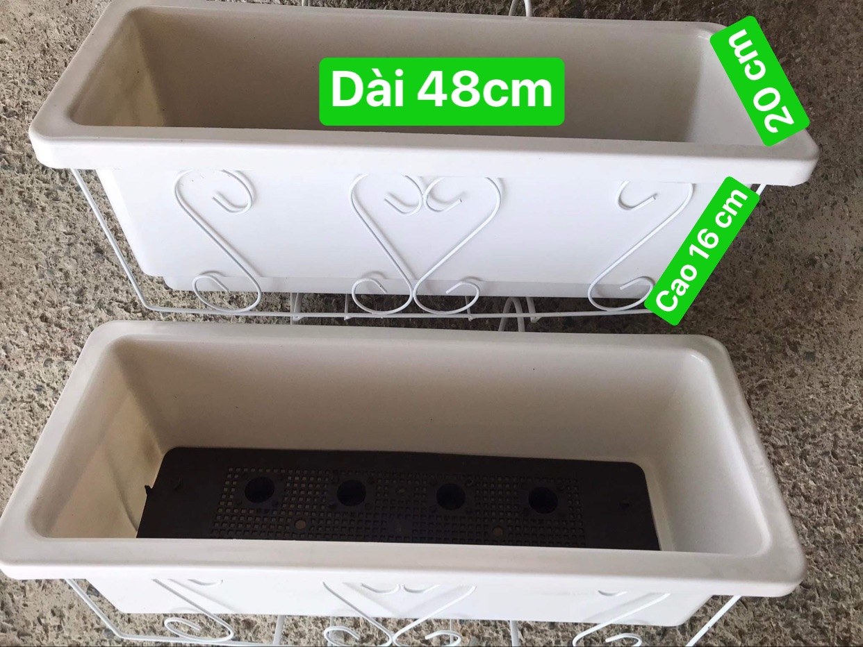 Chậu nhựa thông minh trồng rau trồng hoa, hình chữ nhật  -- kèm giá sắt  treo chậu kích thước 48x20x16cm