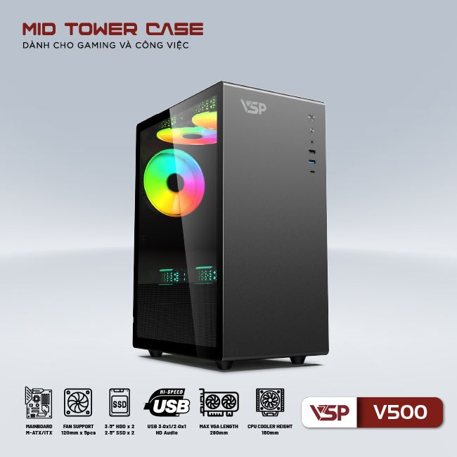 VỎ CASE MÁY TÍNH VSP V500 (USB 3.0, SPCC 0.6MM) - JL - HÀNG CHÍNH HÃNG