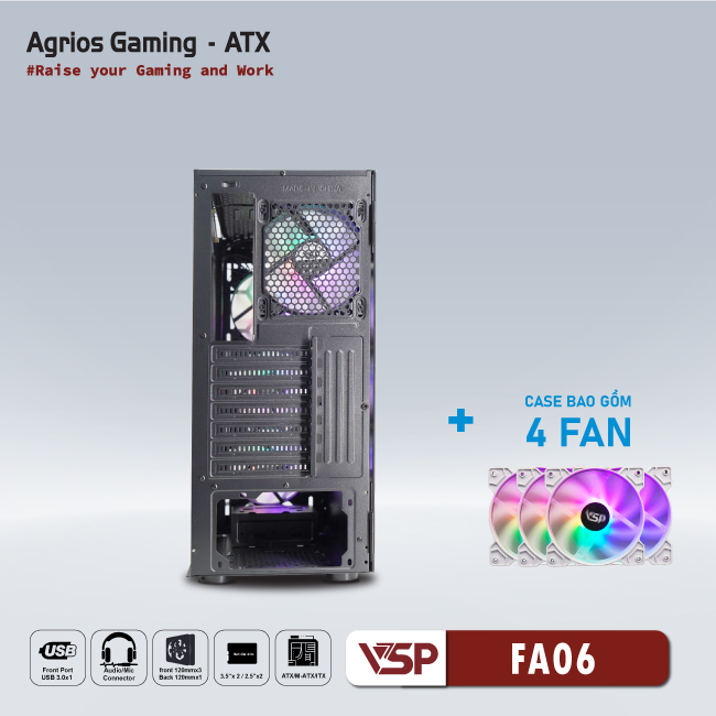 Vỏ máy tính Case VSP FA06 sẵn 4 Fan LED ARGB Gaming Kính cường lực - Hàng chính hãng Tech Vision phân phối