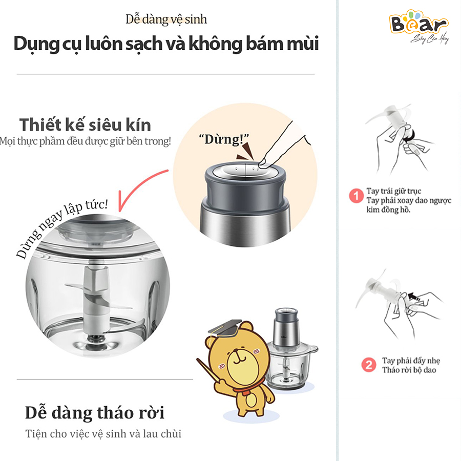 [Hàng Chính Hãng]Máy xay đa năng Bear 2L QSJ-B03Y7 màu xám. công suất 300W, dung tích 2L bằng Inox 304, cối thủy tinh borosilicate, vỏ ABS có khả năng chịu nhiệt cao; vận hành êm ái, giảm tiếng ồn.