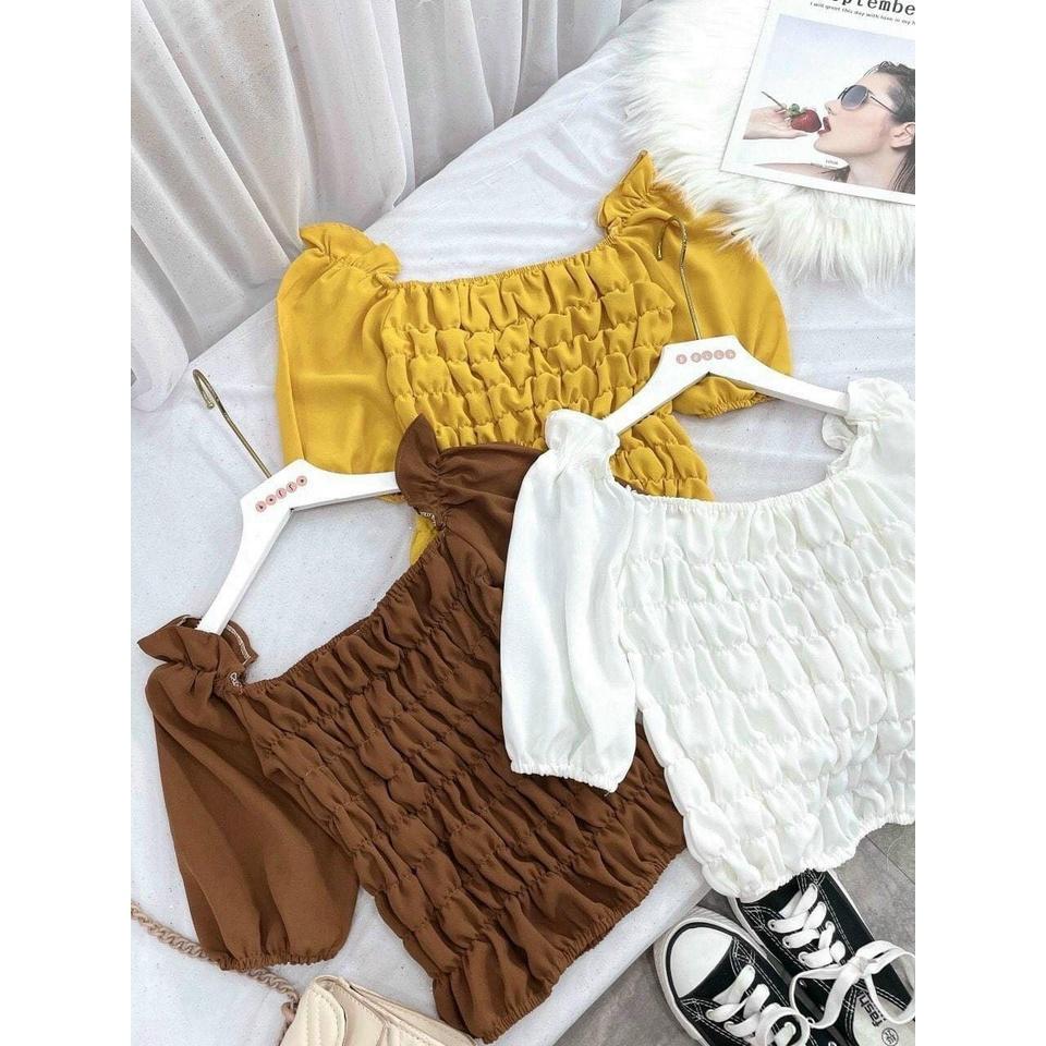 Áo croptop nữ kiểu ôm tay ngắn cổ vuông nhún ngực voan body tay bồng HIJUNE CT02